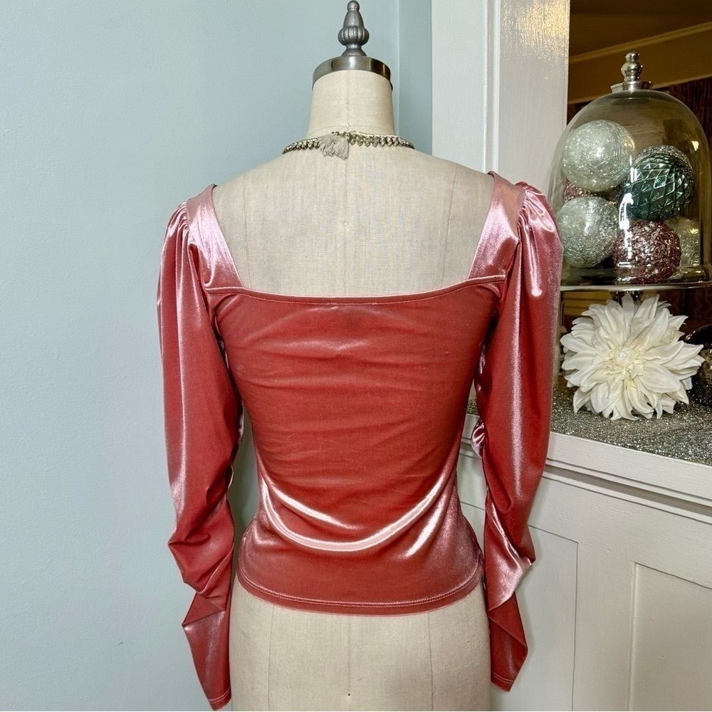 Express Pink Velvet Ruched Puff Long Sleeve Crop Top XS - Picture 7 of 14